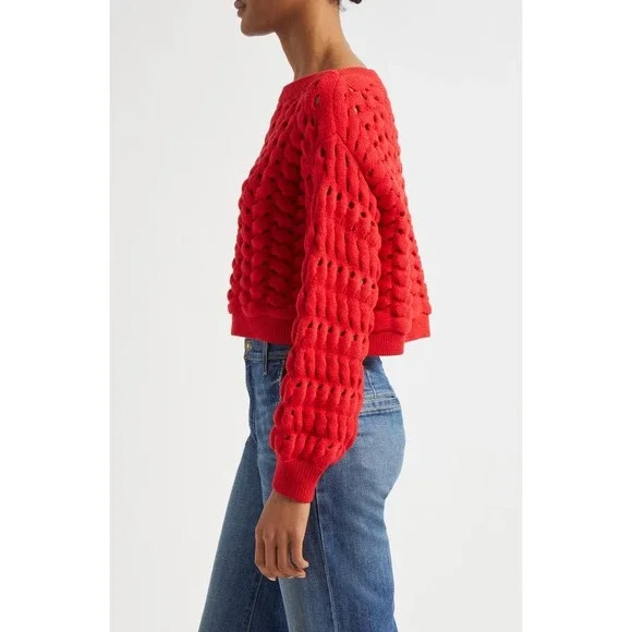 alice + olivia Allene Chunky Open Stitch Ruby Red Crop Sweater Medium NWOT $495